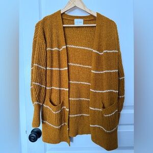 Pink Rose Women's Cardigan in Mustard and White Stripes